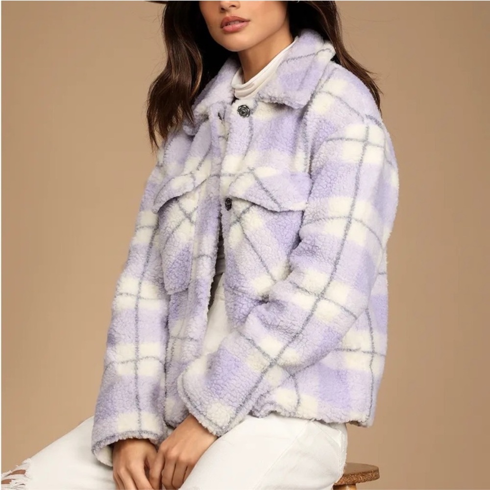 Plaid shacket Sherpa jacket lavender light purple warm white and light grey gray